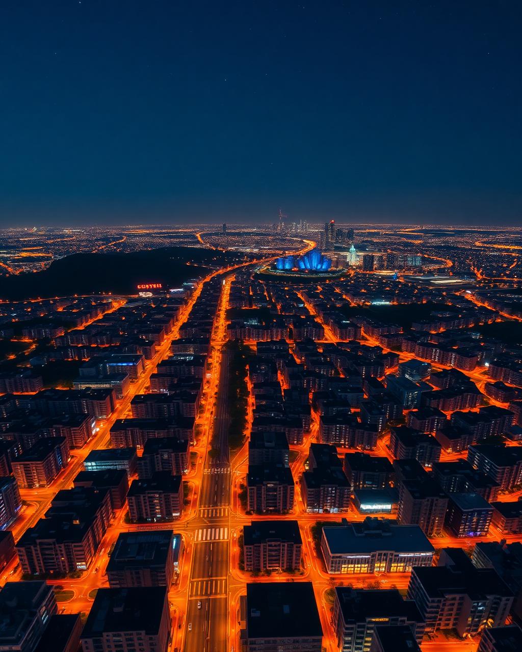Vista aérea de una ciudad iluminada por la noche
